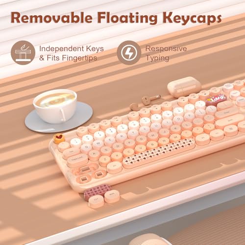Image of Wireless Keyboard Mouse Combo, Keyboard and Mouse Set,104 Round Keys Colorful Wireless Typewriter for MacBook Windows Laptop Tablet Coffee