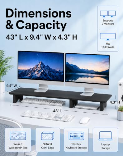 Image of Aothia 43 in Black Solid Wood Dual Monitor Stand, Monitor Riser for Desk | Dual Monitor Riser With Storage Below; Desk Shelf Organizer For Keyboards And Accessories
