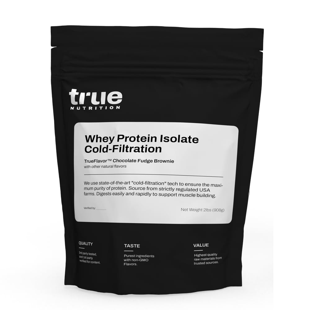 Aislado de proteína de suero de leche True Nutrition filtrado en frío - 100 % proteína de suero en polvo - 27 g de proteína por porción - Se mezcla fácilmente y tiene un sabor excelente - Probado por terceros - Brownie de chocolate y fudge - 2 lb