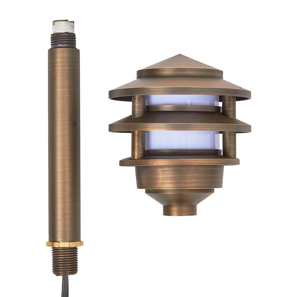 VOLT 12V 3-Tier Brass Pagoda Path Light (Bronze) for Low Voltage Landscape Lighting on Outdoor Pathway, Walkway, Garden, Driveway or Patio
