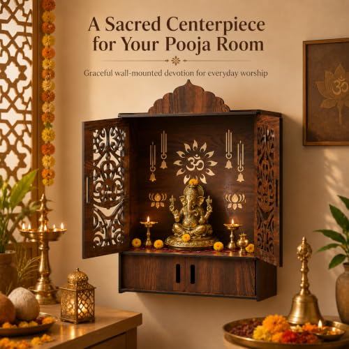 Image of The Castle Decor Wooden Mandir for Home, Wall Hanging & Tabletop Pooja Temple with Double Doors, Om & Lotus Cutwork, Storage Cabinet, Dark Walnut MDF for Pooja Room, 10.6 x 20 x 16.7 Inch (Design-7)
