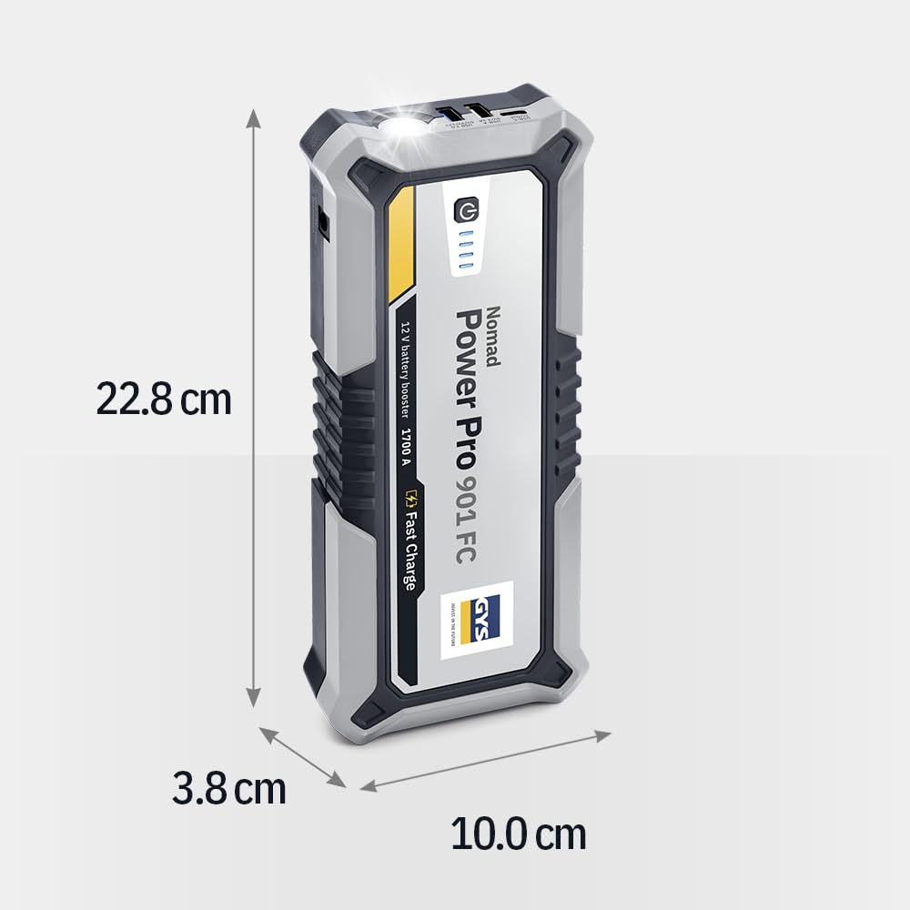 GYS, Nomad Power Pro 901 FC, Démarreur/Booster Batterie Lithium Portable 2000A, Véhicules 12V (Moto, Voiture), Démarrage Sécurisé, Batterie Externe 6Ah (PowerBank), Lampe LED, Ecran LCD
