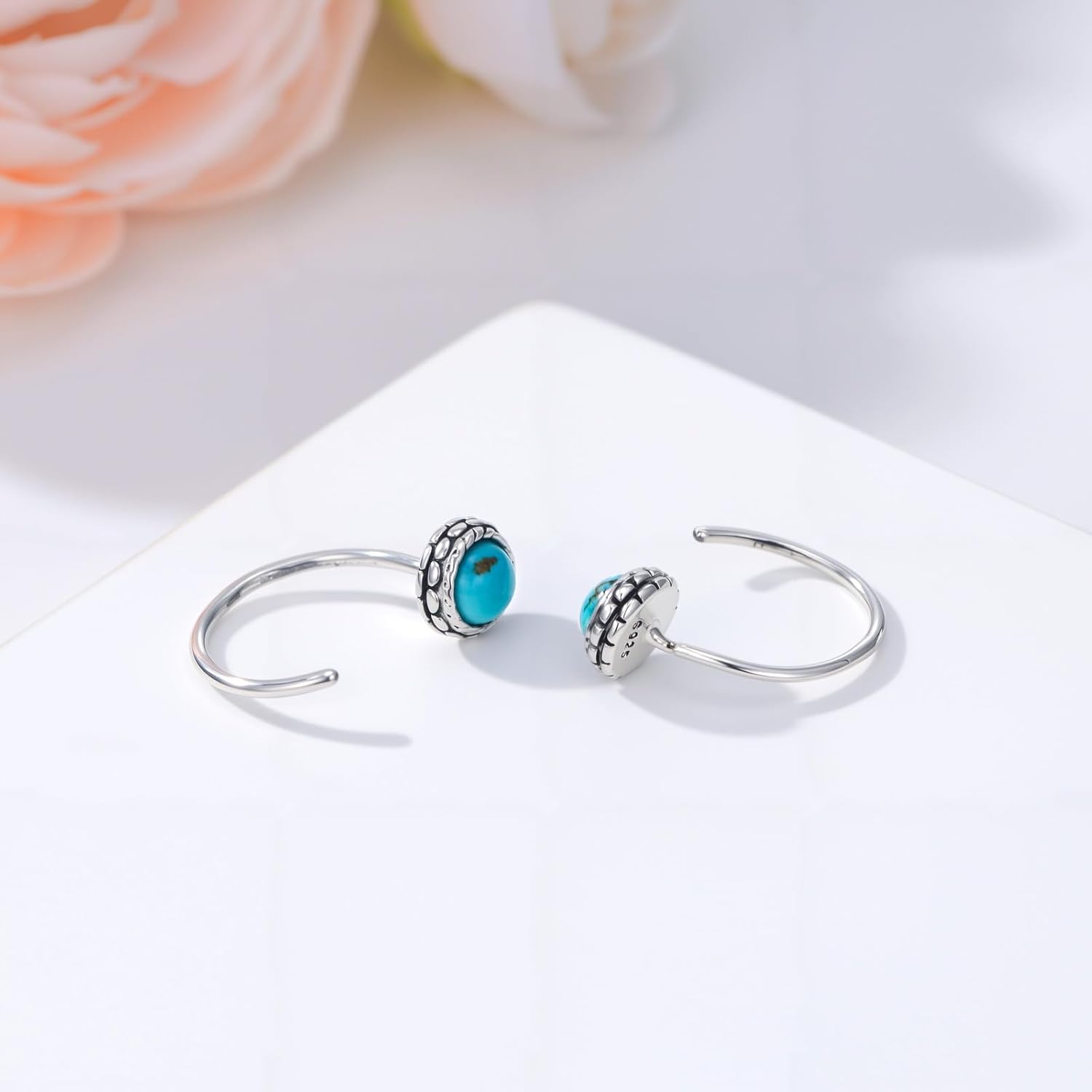 Turquoise Half Hoops Earrings 925 Sterling Silver Natural Round Turquoise Small Huggie Hoop Earrings Tiny Hoop Stud Earrings Jewelry Gifts for Women - Image 3