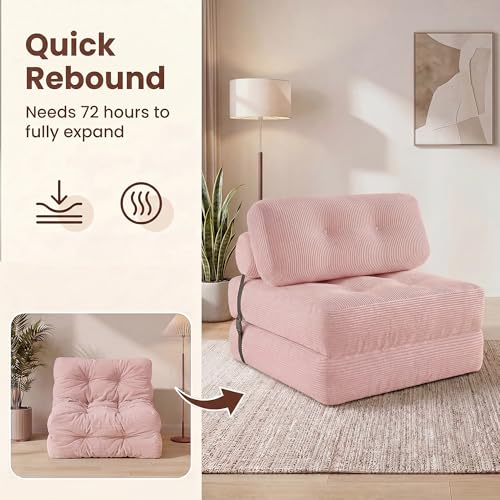 Image of COSTWAY Folding Sofa Bed with Pillow, Convertible Couch (Pink) | with Backrest & Fixing Straps, Boneless Convertible Sleeper Chair for Adults, Guest Use, Living Room