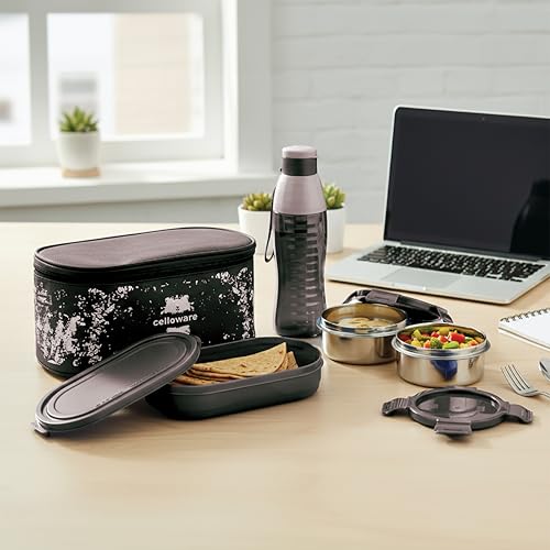 Image of CELLO Gemini Lunch Box Gift Set of 3 Pieces with Bag for Office Use Black | 300ml x 2 Steel Round Containers, 500ml x 1 Oval Container with 600 ml Water Bottle, Leak Proof Tiffin Set for School Travel