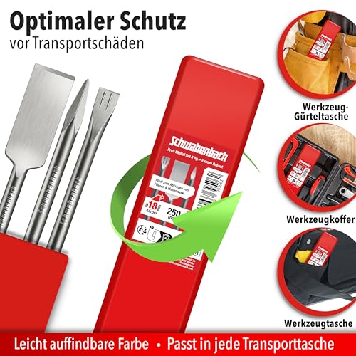 SCHWABENBACH® SDS Plus Meißel Set 3-tlg. 250mm – Fliesenmeißel 40mm extra langer Kopf, Flachmeißel 25mm, Spitzmeißel – SDS Meißel für Bohrhammer