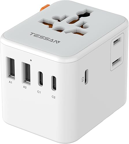 TESSAN Adaptador de viaje universal, adaptador de corriente internacional con toma de corriente AC de 2 puntas extra, 5 puertos USB (3 USB C),