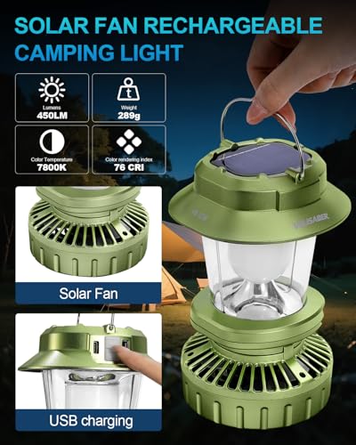 2-Pack Camping Lantern with Fan, Rechargeable Solar LED Waterproof USB Output Hanging Light Camping Essentials Survival Kits for Indoor Outdoor Home Emergency Light Power Outages (4 Light Modes) — view 2