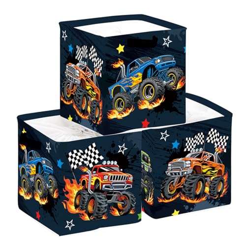 HUUMONSS 30cm Juego de 3 Cajas de Almacenamiento Vehículos de Construcción Organizadoras de Almacenaje Juguetes Coches Cestas Almacenaje Niños Libro Ropa para Estantes Armario, Camión Monstruo
