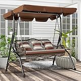 AECOJOY 3-Seat Outdoor Patio Swing Chair, Large Converting Canopy Porch Swing Glider, Hammock Lounge Chair for Porch, Rattan Wicker Steel Frame Cushion & Pillow, Brown