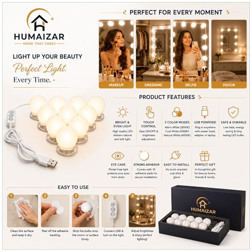 Image of HUMAIZAR Hollywood Style Vanity Mirror Fill Light Adjustable Luminance USB Wall Bulbs String for All Pretty Dimmable Light Makeup Vanity Desk Set (10 LED Bulb USB 3 Colors)