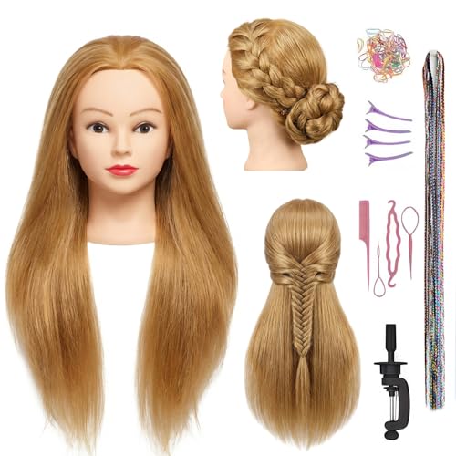 80% Real Hair Mannequin Head Training Head Manikin Cosmetology Doll Head for Hairdresser Practice Braiding Hair Styling with Clamp stand 26-28inch