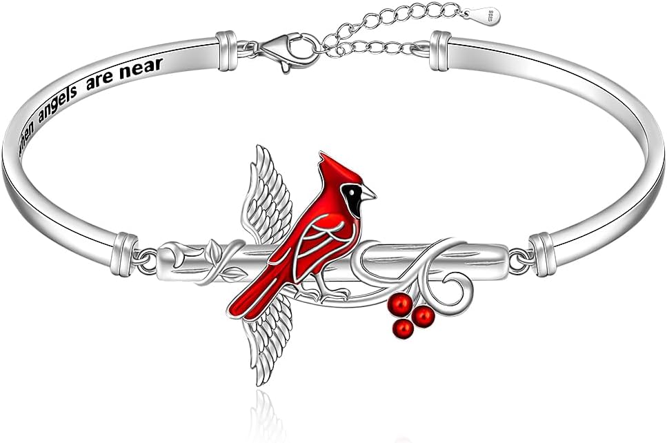 Fenthring Cardinal Gifts for Women Cardinal Bracelet for Women Cross Bangle Bracelet Memorial Red Bird Appear When Angels Are Near Angel Wing Gifts for Loss of Loved One