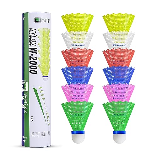 QICHUAN Whizz Colorful Badminton Nylon Birdies, Good Flight and Balance, Durable Shuttlecocks for Indoor Outdoor Playing, 12 Pack