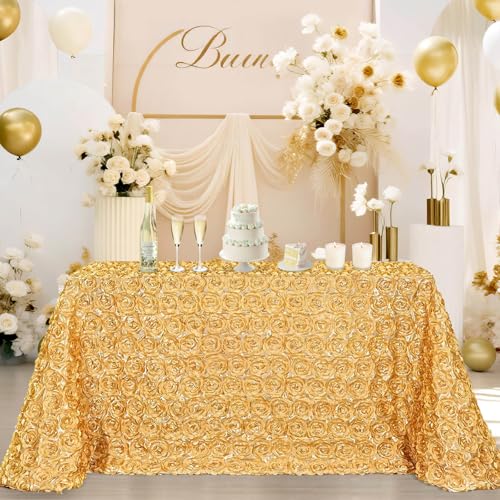 90x156 Inch Light Gold Tablecloth 3D Floral Rosette Satin Table Cloth