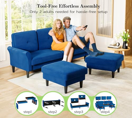 Kidirect Small Sectional Couch, 83" U Shaped Couch, Comfy Velvet Couches for Living Room, Tool-Free Setup Modular Sectional Sofa, 850lbs Load Sofas for Living Room with 2 Movable Ottomans, Blue Couch — view 5