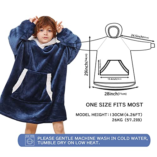 Xynhml Oversized Blanket Hoodie For Kids Flannel Sherpa Wearable Sweatshirt Blanket Snuggies Warm Plush Hooded Blanket With Huge Pocket And Elastic Sleeve Deep Blue #TOP4