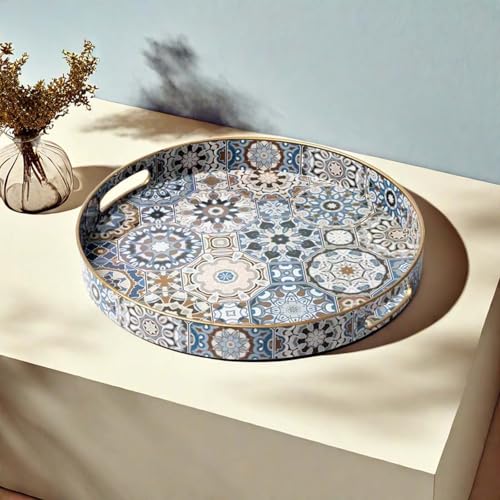 Round-Serving-Tray-with-Handles-Boho-Coffee-Table-Tray-Serving-TrayLarge-Tray-for-Ottoman-Coffee-TableModern-Decorative-Tray-for-Living-Room Round Serving Tray with Handles Boho Coffee Table Tray Serving TrayLarge Tray for Ottoman Coffee TableModern Decorative Tray for Living Room