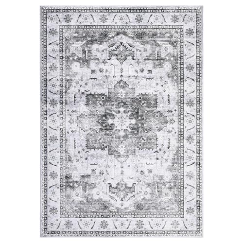 4x6 ft Area Rugs for Living Room, Boho Faux Wool, Low Pile, Soft Floral Medallion Vintage Design, Anti-Slip TPR Backing, Reinforced Edges, Machine Was