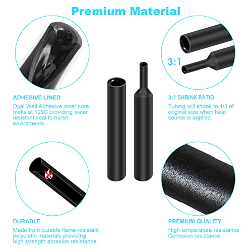 400 Pcs Wire Heat Shrink Tubing Kit With Adhesive lined, Industrial Heat-Shrink Tubing for Wires, 3:1 Marine Grade Heat Shrink Wrap, Premium Large Electrical Waterproof Heat Shrink Tape-Black by DHOOZ