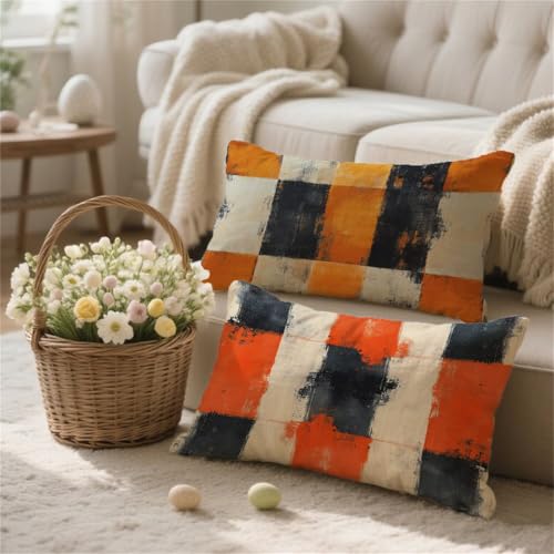 Cojines Exterior Tartán Funda Cojin 40x60 2 Piezas, Cojines Sofa Impermeable Lino fundas cojine Geometría Funda Almohada con Cremallera Invisible para Jardín Sofá Salón Cama Hogar Decorativas t-680