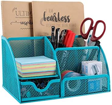 EasyPAG Office Mesh Desk Tidy Versatile Stationery Storage Desktop Organiser Pen Holder with Drawer,Silver