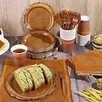 Kochorie 400 Pieces Wood Grain Slice Disposable Party Tableware Sets Rustic Wood Party Supplies Including Plates Cups Napkins Cutlery Serves 50 for Camping Birthday Forest Themed Party Decorations - Image 4