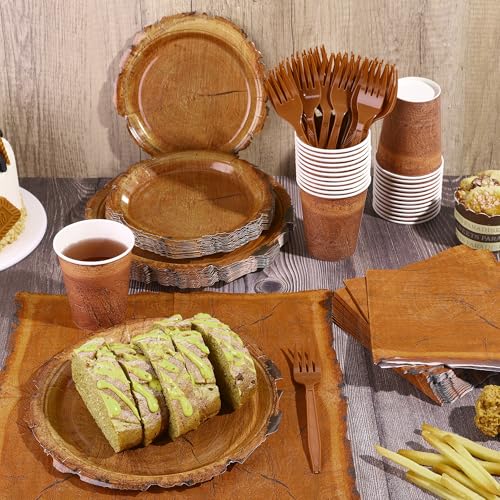 Kochorie 144 Pieces Camping Wood Grain Slice Tableware Sets Rustic Wood Party Decorations Paper Plates Napkins Cups Forks Serves 24 for Forest Themed Party Decorations Hunting Birthday Supplies by Kochorie - Used condition - Image 4