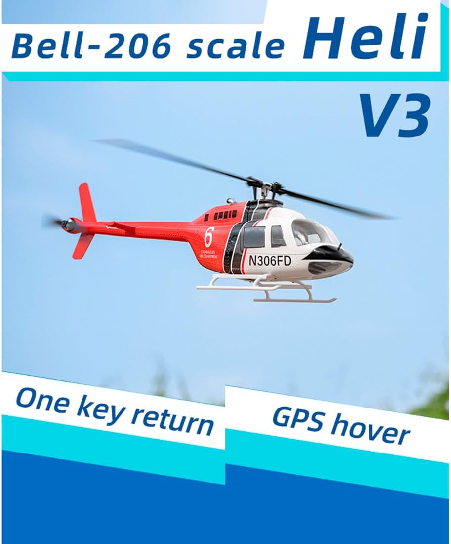 CRAFTLZ Bell-206-V3 helicopter in flight with text overlays 'GPS hover' and 'One key return', illustrating its advanced flight capabilities.