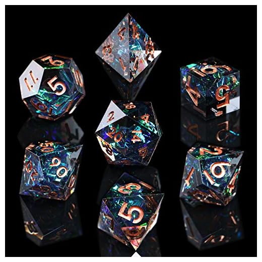 AUSPDICE DND Dice Set Handcrafted Designer 7-Die Polyhedral RPG Dice Set with Sharp Edges and Beautiful Inclusions for Aesthetic Conscious Tabletop RPG Player Galaxy Series (Dark Color)