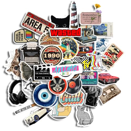 Image of 35Pcs Vintage Retro Aesthetic Style Vinyl Stickers - Waterproof and Residue-Free for Laptops, Journals, Scrapbooks, Water Bottles, Guitars, and More, self-Adhesive,