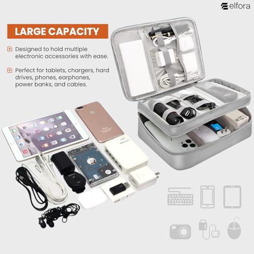 Image of Elfora Double Layer Gadget Organizer Bag | Travel Case for Cables, Charger, Power Bank, Hard Disk & Electronics Accessories | Portable Tech Storage Pouch with Mesh Pockets & Handle Carry Strap (Grey)