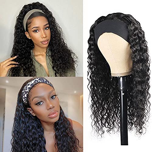 Brazilian Virgin Headband Wig Water Wave Human Hair Wigs for Black Women Wet and Wavy Machine Made Wigs 150% Density Natural Color(22Inch, headband wig)