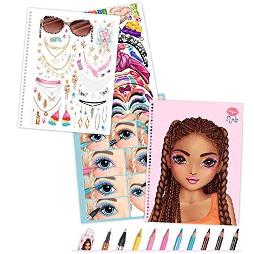 Depesche 12415 Create Your TOPModel - Make-Up Colouring Book, Libro para Colorear Incl. Pegatinas, 20 páginas con Caras preimpresas para Colorear y Pintar