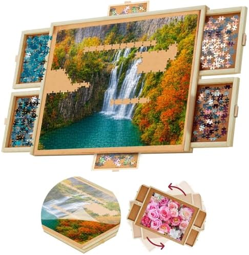 1500 Piece Wooden Jigsaw Puzzle Table - 6 Drawers, Rotating Puzzle Board | 35” X 28” Jigsaw Puzzle Board | Puzzle Cover Included - Portable Puzzle Tables for Adults and Kids by Beyond Innoventions