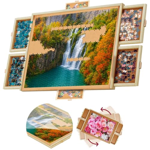 Table de puzzle en bois de 1500 pièces – 4 tiroirs, planche de puzzle rotative | Planche de puzzle de 88,9 x 71,1 cm | Housse de puzzle incluse – Tables de puzzle portables pour adultes et enfants par
