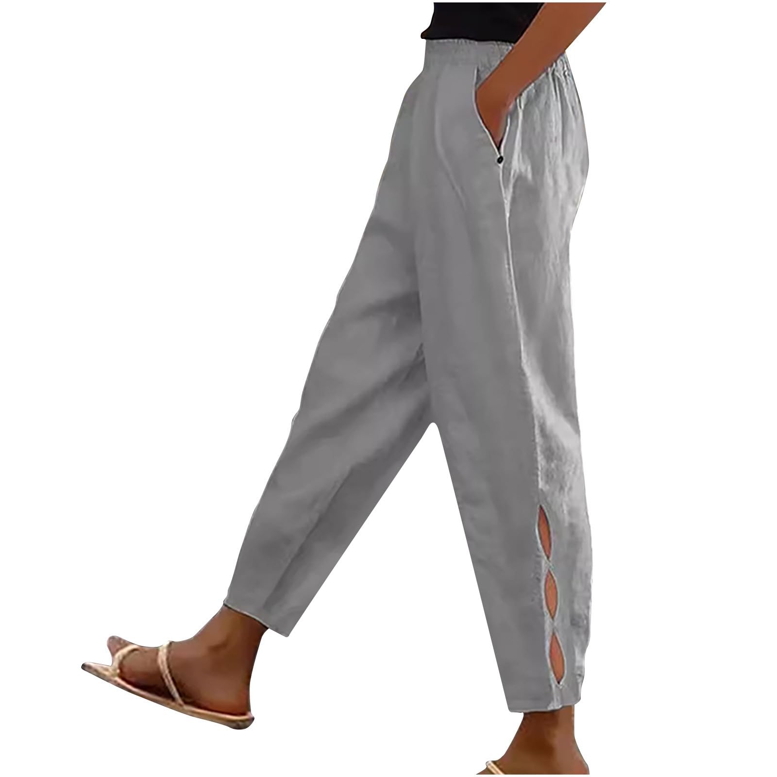KUIH Women Linen Trousers 2025, Wide Leg Joggers Elastic High Rise Plus Size Jogger Pants Summer Cotton Loose Printed Work Pant Harem Lounge Trouser Hollow Out Wide Leg Jogger Gym Yoga Leggings