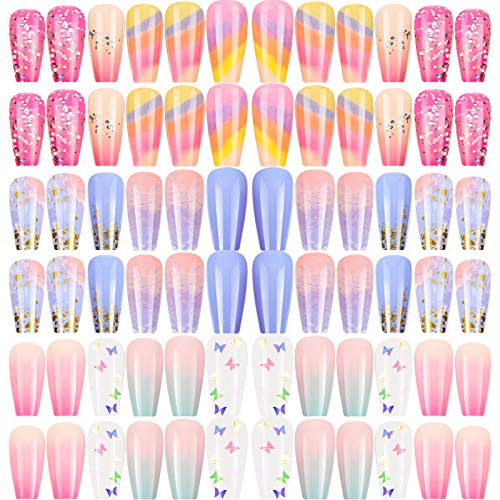 72 Pieces 3 Sets Long Ballerina Press on Nails Ballerina Coffin Glossy False Nails Full Cover Fake Nails Colorful Artificial Nail Tips for Salon Home DIY Nail Art (Gradient Patterns)