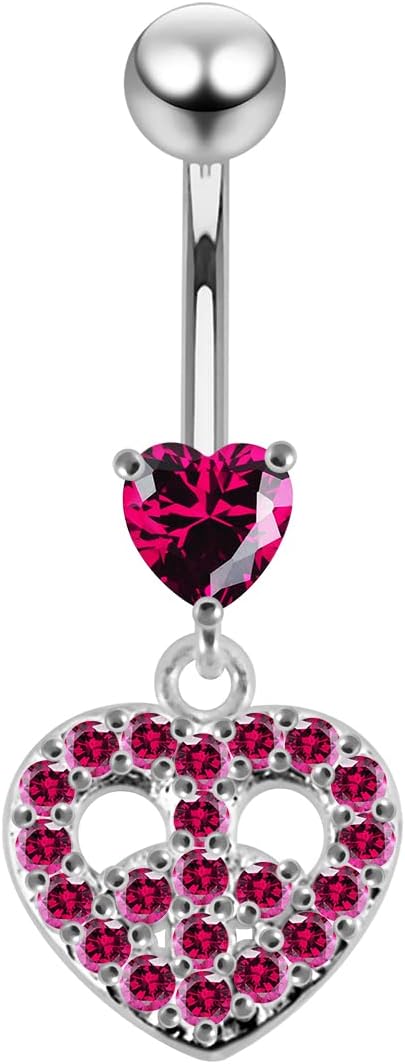 Stylish Heart with Studded Peace Heart Dangling Design 925 Sterling Silver with Stainless Steel Belly Ring - Belly Button jewelry - Navel jewelry