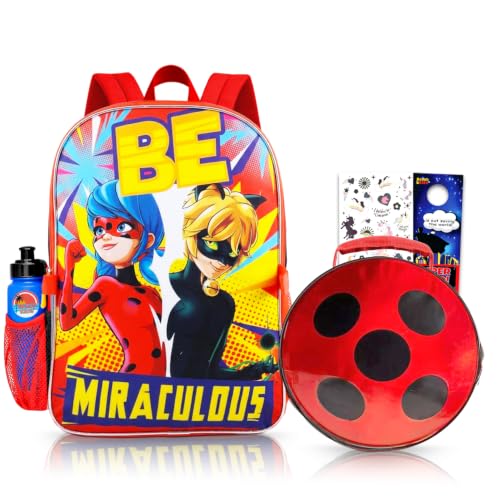 Conjunto escolar Miraculous Ladybug e lancheira - Pacote com mochila Miraculous Ladybug de 40,64 cm, lancheira isolada, garrafa de água e mais (material escolar de joaninha iraculosa),