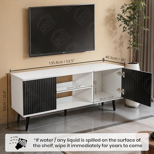 Image of ABOUT SPACE TV Unit - Engineered Wooden TV Stand Table with Bottom Open Storage, Adjustable Shelves & 2 Non-Fluted-Effect Closed Cabinets for WiFi Router Stand (White &Black - L136 x B40.5 x H53 cm)