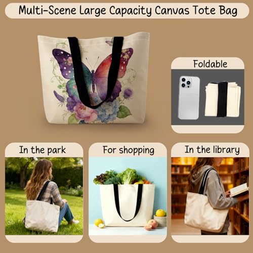 HEizmorixs Colorful Butterfly Print Canvas Tote Bag Reusable Washable Foldable Grocery Handbag with Inner Pocket for Travel, Beach, Casual Stylish Colorful Butterfly Present for Women Friends - Image 5