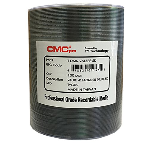 CMC Pro Taiyo Yuden DVD-R 4.7GB/120MIN Valueline 16X Silver Thermal Lacquer Hub Printable Surface 100pcs Bulk Clear Wrap