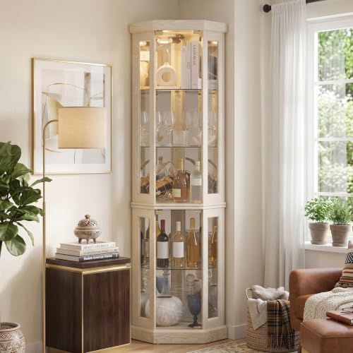 CKEASEAN Corner Curio Cabinet, 70" H Lighted Glass Display Cage with Tempered Glass Doors and Adjustable Shelves, Bulb Inclued, Wine Bar China Cabinet for Living Room Liquor Storage (White)