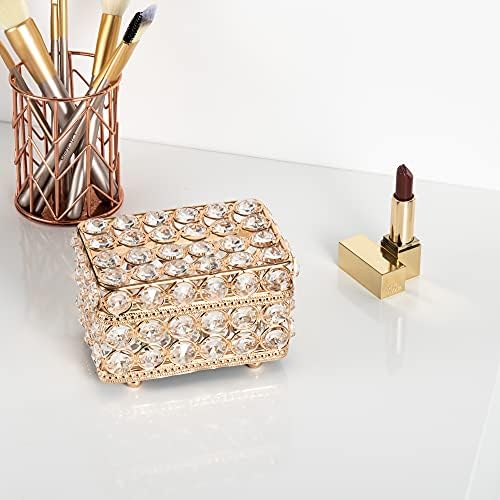Feyarl Real Glass Mirror Crystal Jewelry Box Trinket Box Earrings Rings Treasure Organizer Storage Keepsake Box with Lid for Wedding Dresser Room Deco Birthday Gift (Gold)