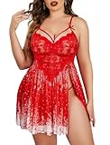 Avidlove Sexy Christmas Lingerie Santa Red Plus Size Babydoll Nightgown Strap Lace Chemise V Neck Sleepwear Side Slit Nighty