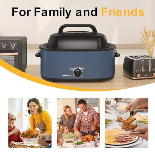 Image of 28 Quart Electric Roaster Oven with Visible & Self-Basting Lid, Large Turkey Roaster with Defrost Warm Function, Adjustable Temperature, Removable Pan Rack, Stainless Steel, Blue