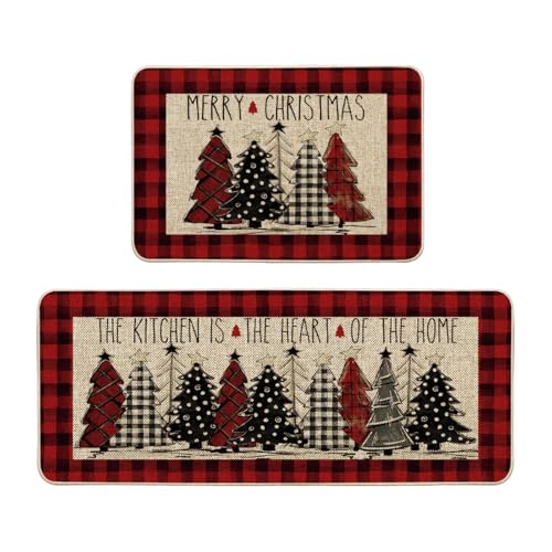 Artoid Mode Red Buffalo Plaid Xmas Trees Merry Christmas Kitchen Mats Set of 2, Winter Decor Low-Profile Kitchen Rugs for Floor - 24x35 and 24x59 Inch