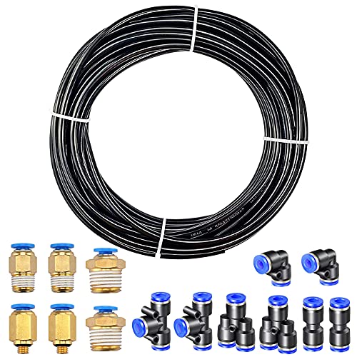 HUAZIZ 10m PolyuréthaneTuyau Pneumatique 6mm Noir, PU Tuyau Air, avec 14 Connecteur Pneumatique 4mm (2 Droits, 2 Coudes, 2 Raccords en T, 2 Séparateurs en Y, 6 Raccords Filetés Mâle)