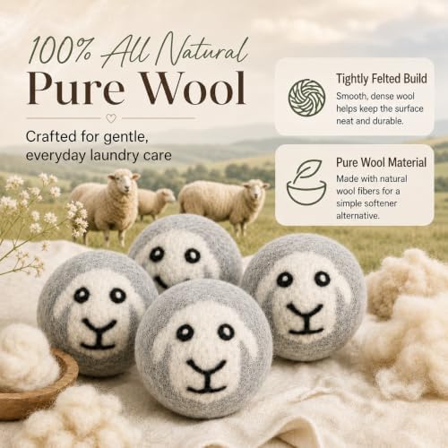 Wool Dryer Balls, Chemical-Free Laundry Balls with Cute Sheep Pattern, 6PC — 사진 5
